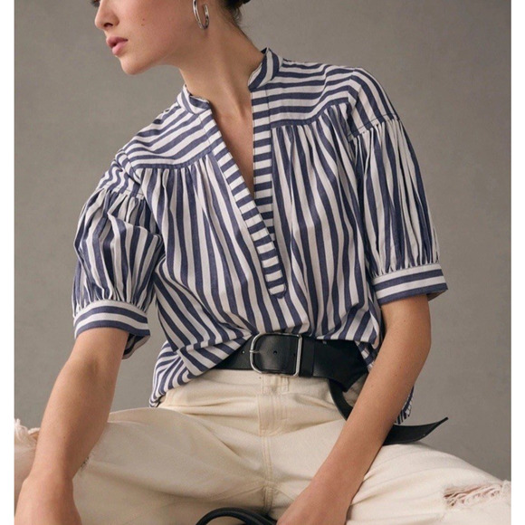 Anthropologie Darcey Popover Swing Top Large Blue Stripe Coastal Balloon Sleeves - Picture 1 of 16